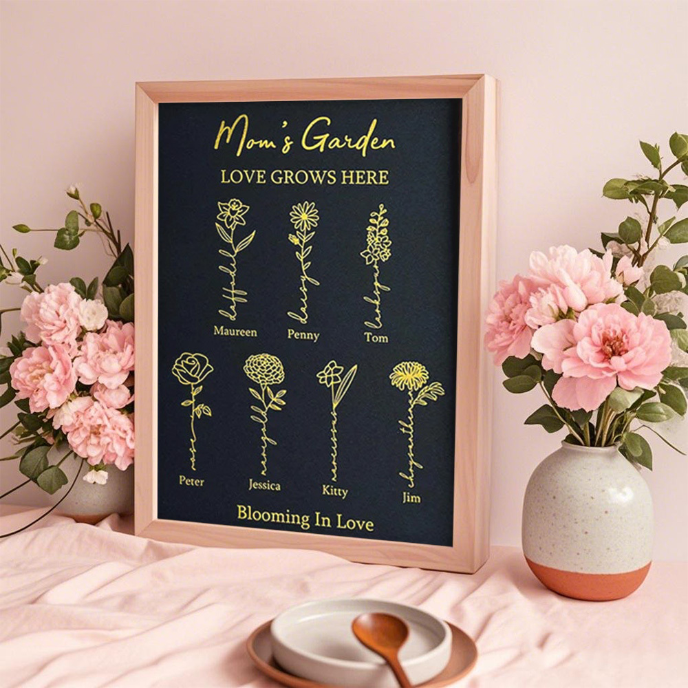 Geschenke Für Mama Personalisierter Geburtsblumenrahmen Aus Goldener Folie - 