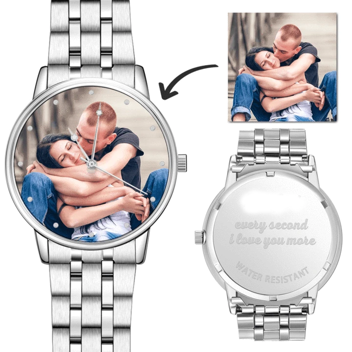 UK Watch Gift For Him - Engraved Men's Silver Alloy Bracelet Photo Watch 40mm