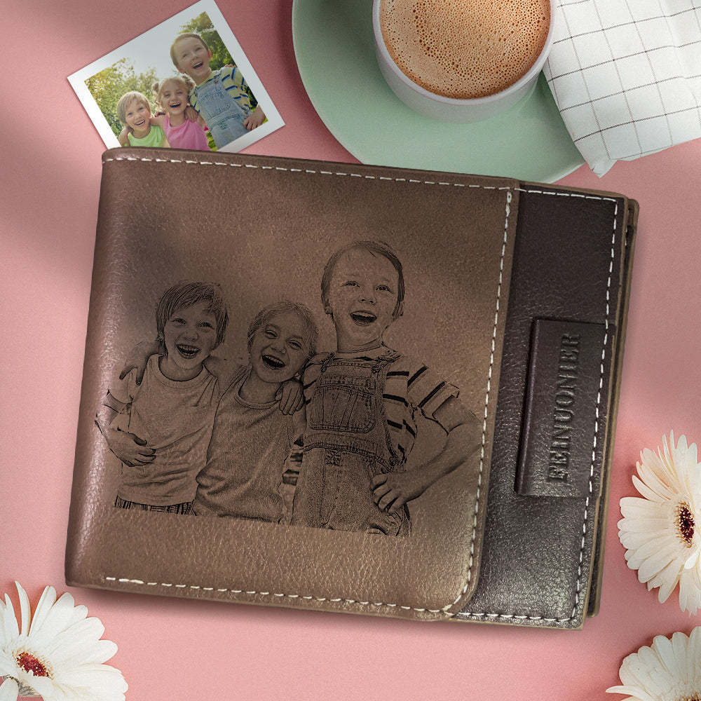 Best Gift Choice - Custom Photo Engraved Wallet RFID Blocking Wallet Brown Personalized Wallets