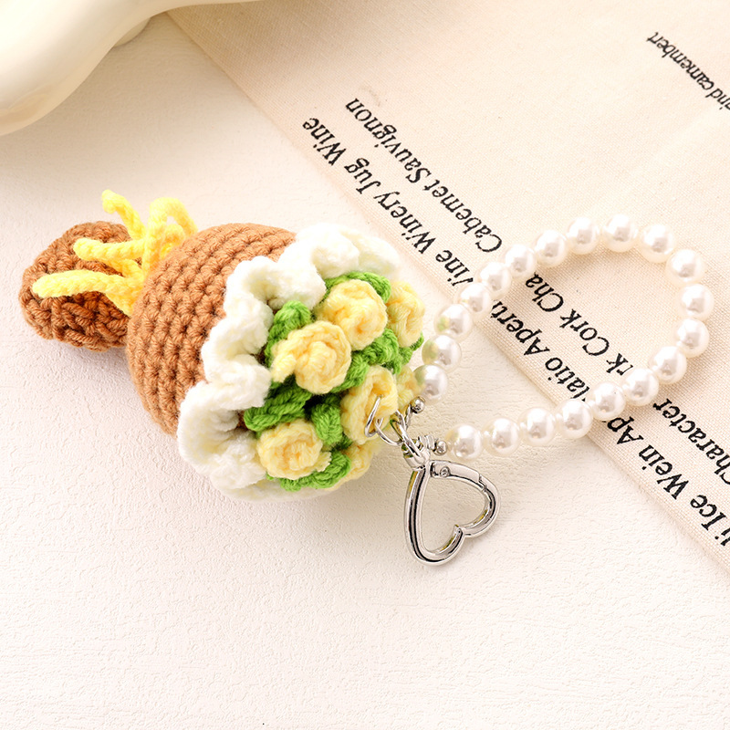 Handwoven Rose Keychain Wristlet - Elegant Floral Keyring for Women, Cute Boho Chic Purse Accessory, Gift Idea - 