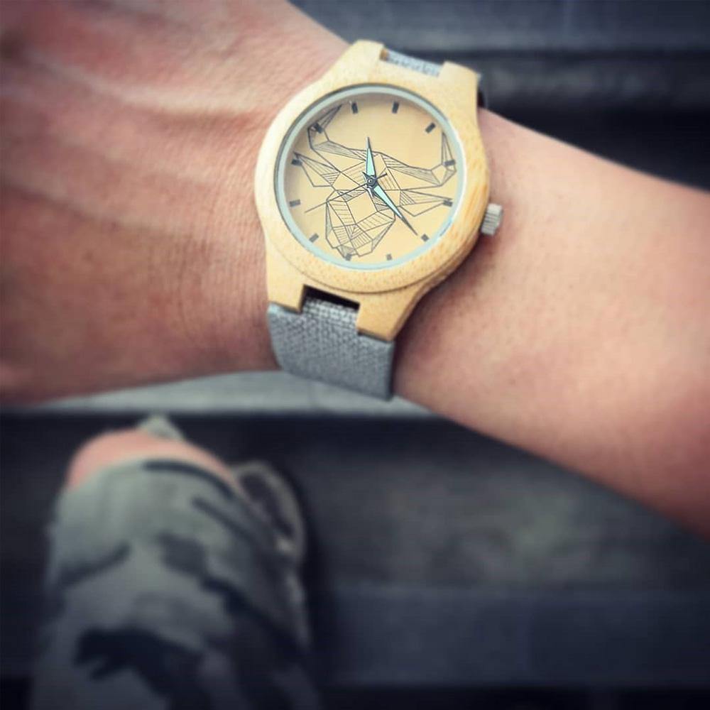 Men's Engraved Bamboo Photo Watch Grey Leather Strap 45mm - photowatch