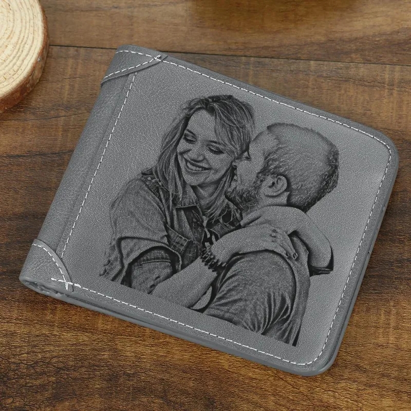 Valentine's Day Gifts Personalised Men's Engraved Photo Wallet Grey Leather