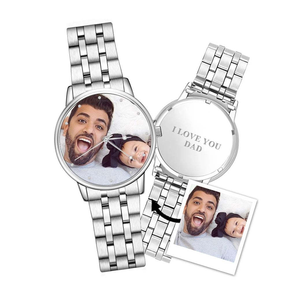 UK Watch Gift For Him - Engraved Men's Silver Alloy Bracelet Photo Watch 40mm