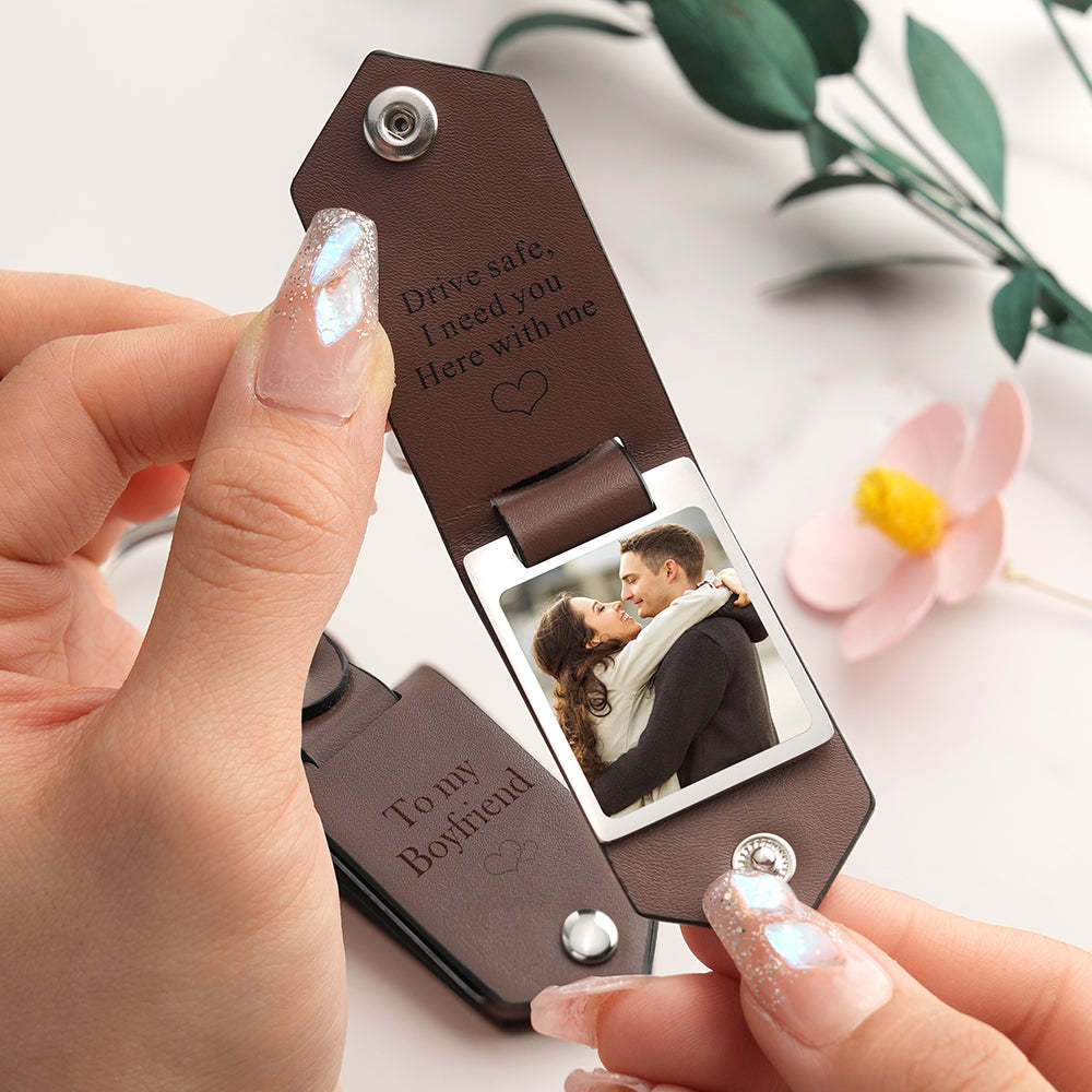 Drive Safe Keychain to My Lover to My Man Custom Leather Photo Text Keychain with Engraved Text for Him - Myphotowallet