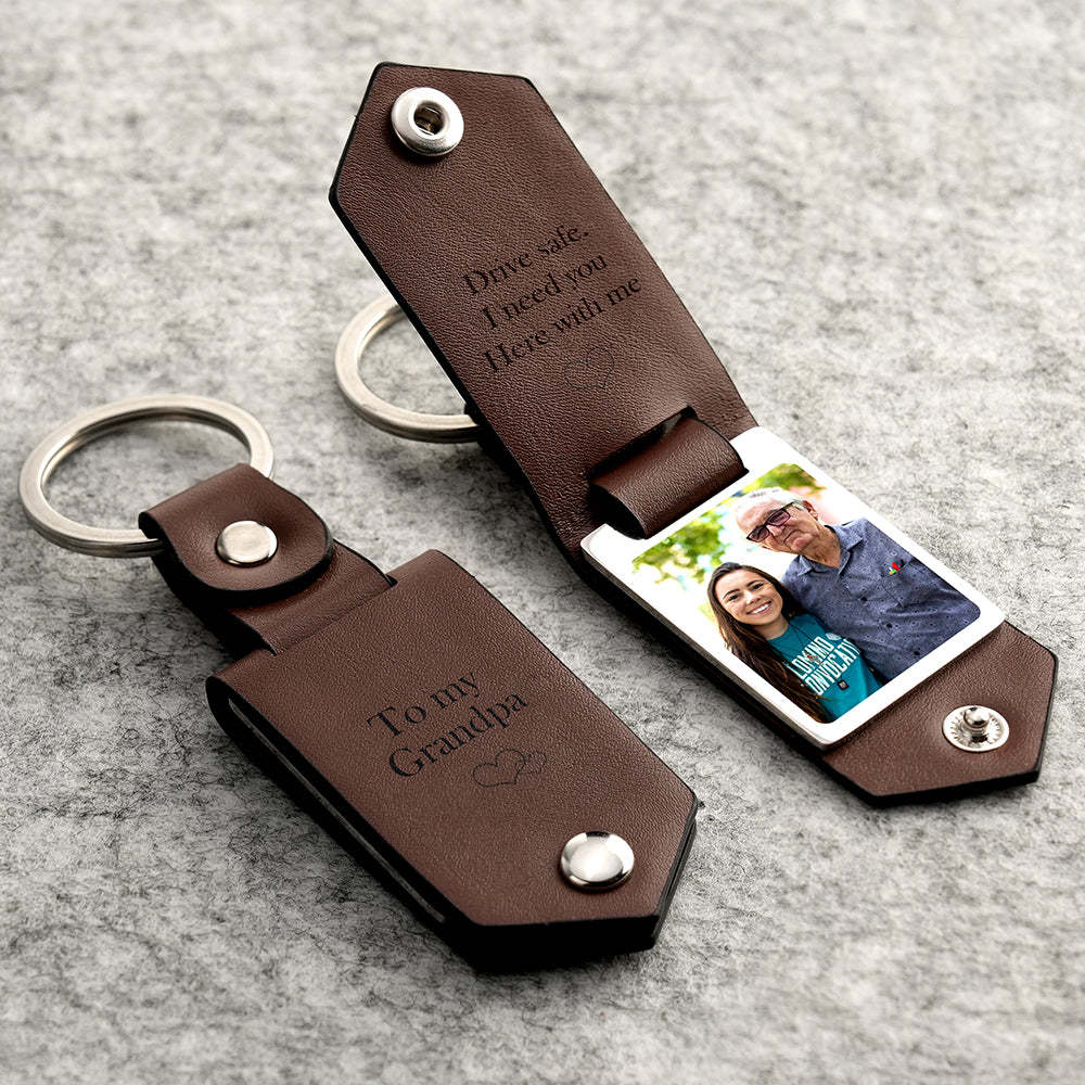 Drive Safe Keychain to My Forever Young Grandpa Custom Leather Photo Text Keychain with Engraved Text - Myphotowallet