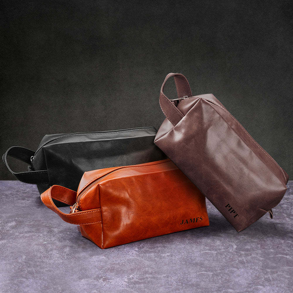 Custom Name Engraved Men's Toiletry Travel Storage Bag Leather Bag - CustomPhotoWallet
