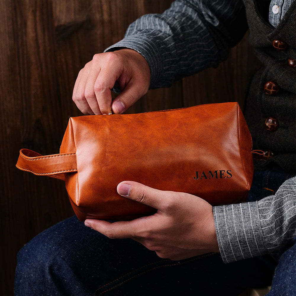 Custom Name Engraved Men's Toiletry Travel Storage Bag Leather Bag - CustomPhotoWallet