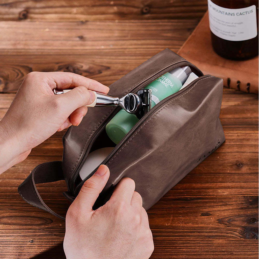 Custom Name Engraved Men's Toiletry Travel Storage Bag Leather Bag - CustomPhotoWallet
