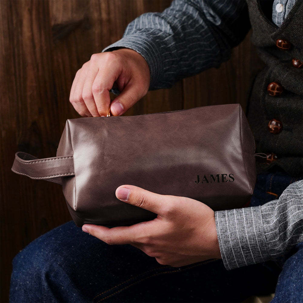Custom Name Engraved Men's Toiletry Travel Storage Bag Leather Bag - CustomPhotoWallet