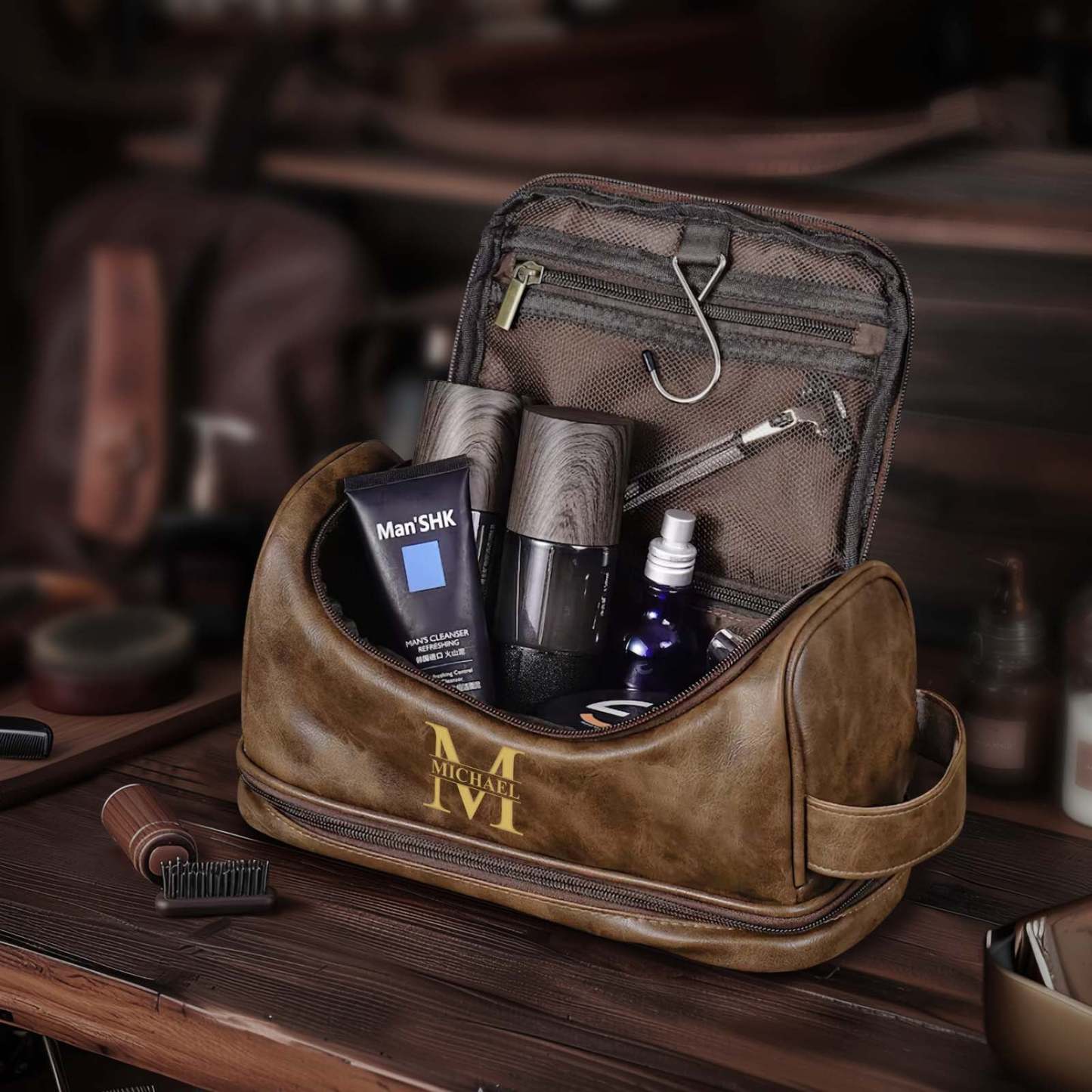 Custom Men's Leather Toiletry Bag Personalized Name Unique Gift for Dad - CustomPhotoWallet