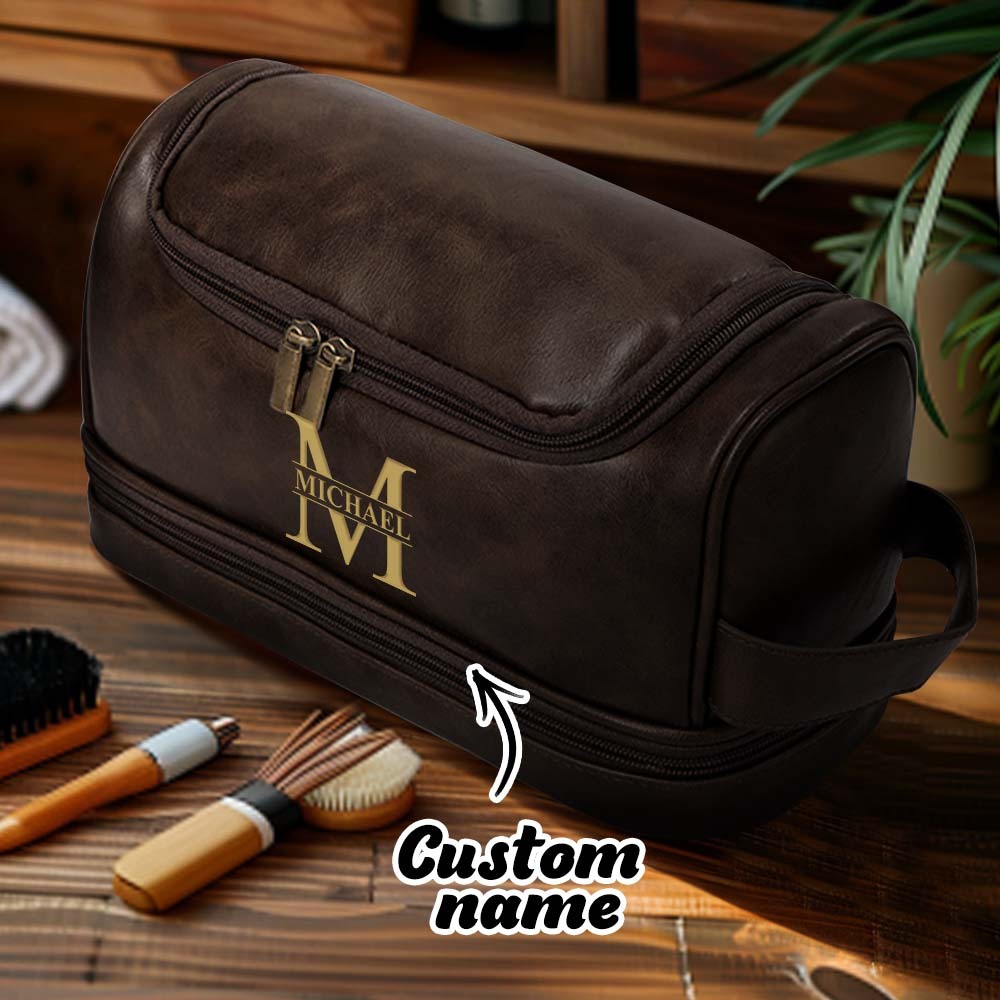 Custom Men's Leather Toiletry Bag Personalized Name Unique Gift for Dad - CustomPhotoWallet