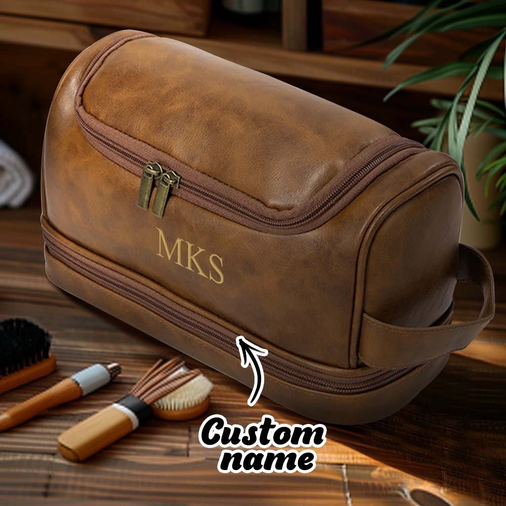 Custom Men's Leather Toiletry Bag Personalized Name Unique Gift for Dad - CustomPhotoWallet
