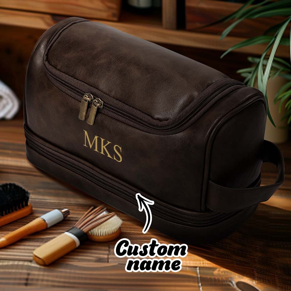 Custom Men's Leather Toiletry Bag Personalized Name Unique Gift for Dad - CustomPhotoWallet