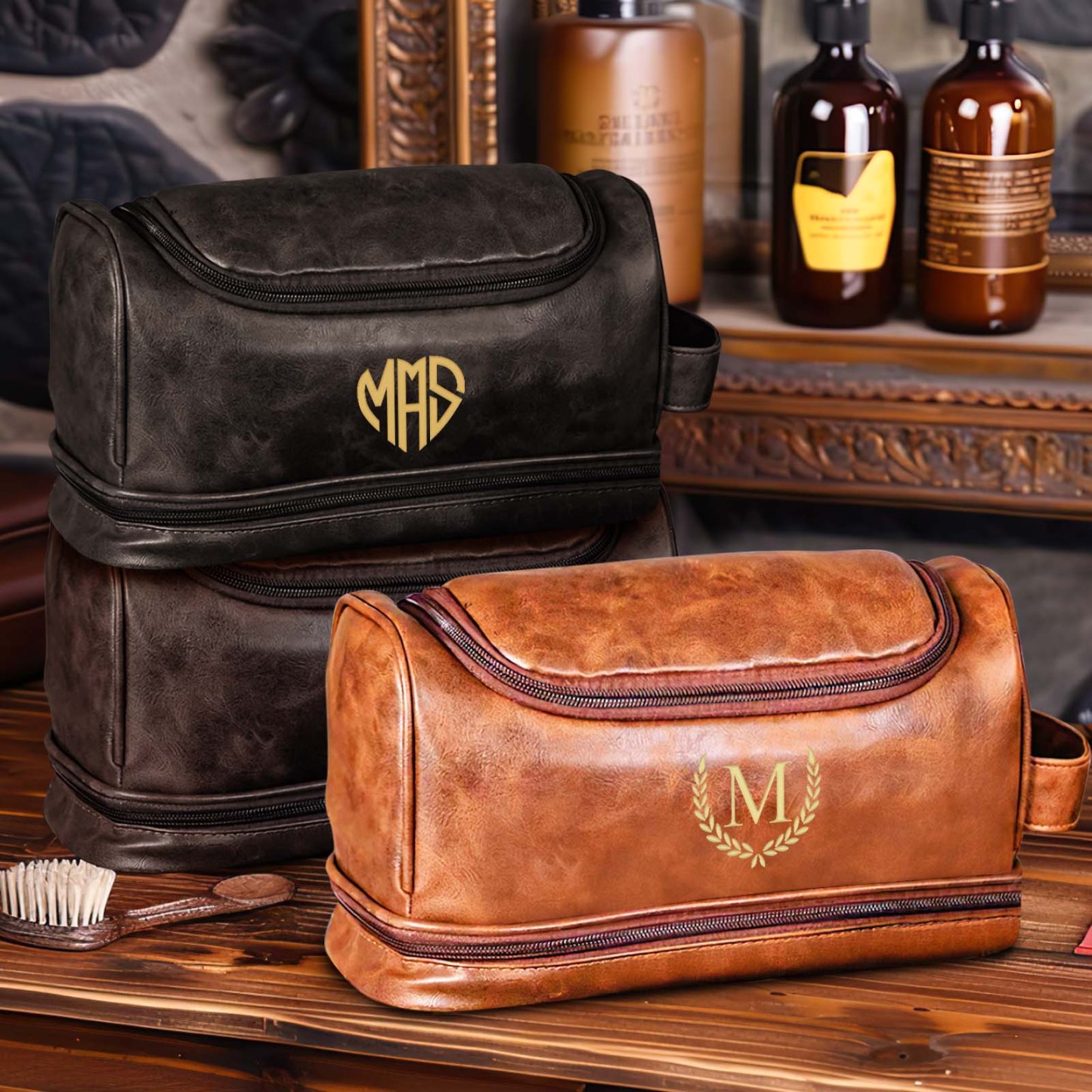 Custom Men's Leather Toiletry Bag Personalized Name Unique Gift for Dad - CustomPhotoWallet
