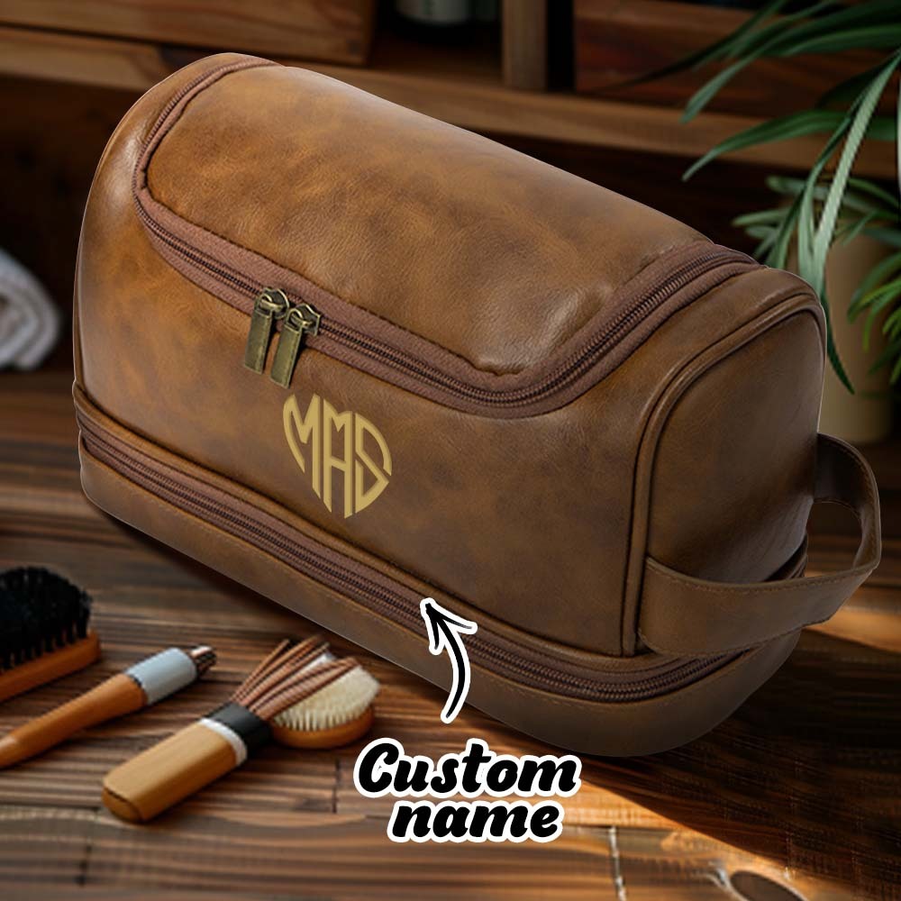 Custom Men's Leather Toiletry Bag Personalized Name Unique Gift for Dad - CustomPhotoWallet