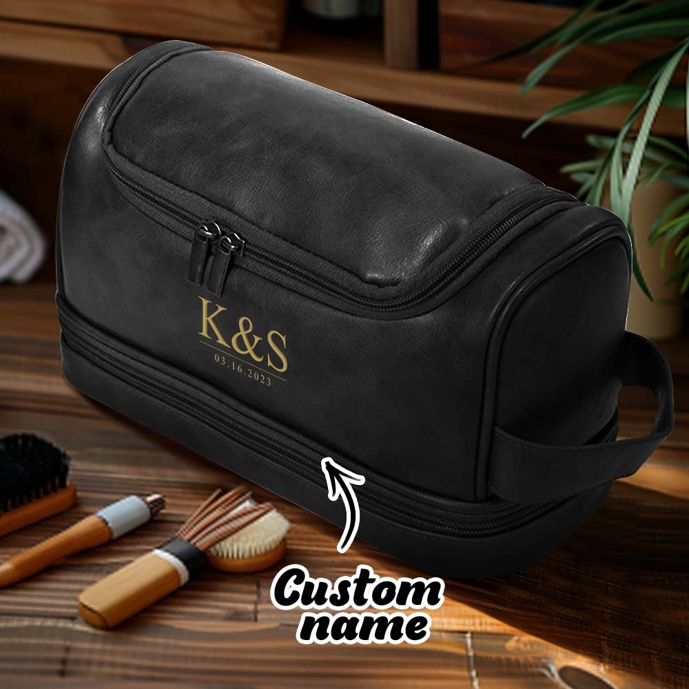 Custom Men's Leather Toiletry Bag Personalized Name Unique Gift for Dad - CustomPhotoWallet