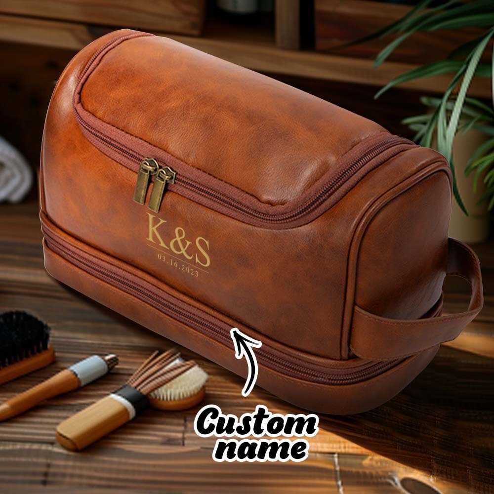 Custom Men's Leather Toiletry Bag Personalized Name Unique Gift for Dad - CustomPhotoWallet
