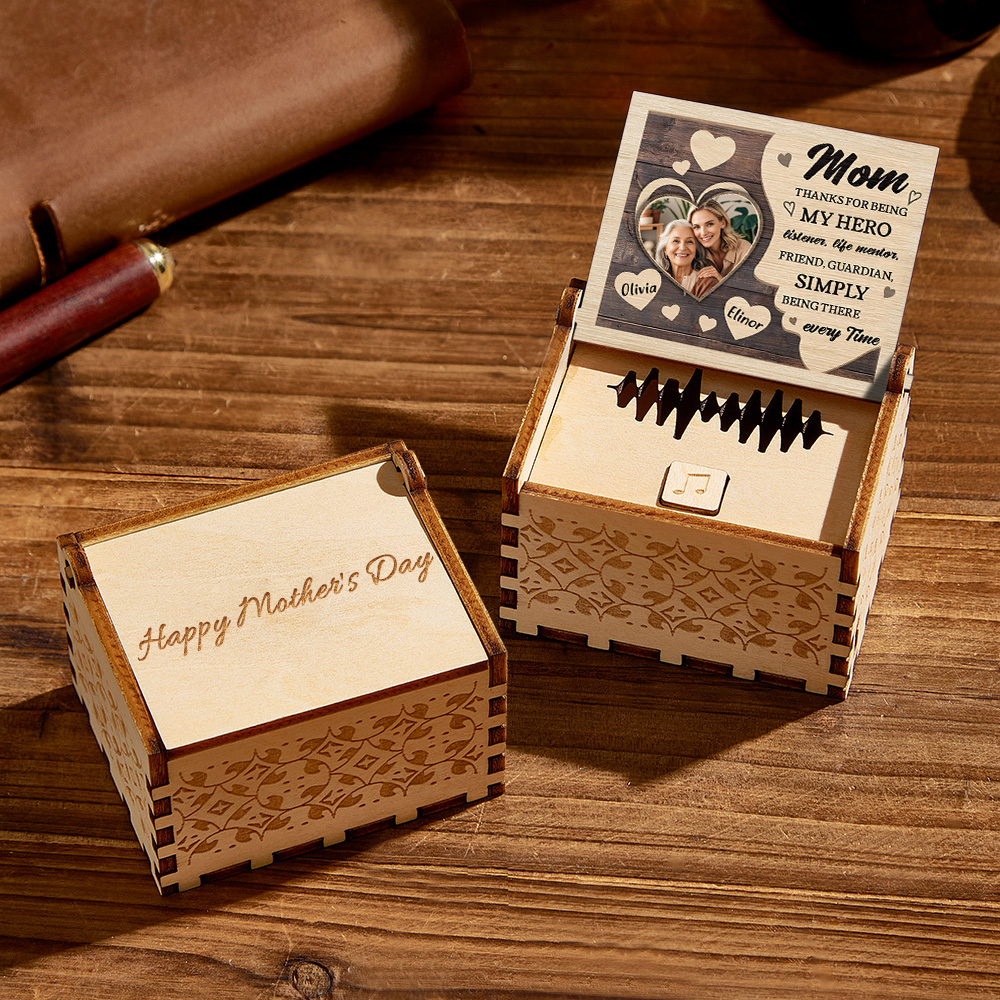 Personalized Wooden Photo Music Box Custom Heart Music Box Gift for Mother -