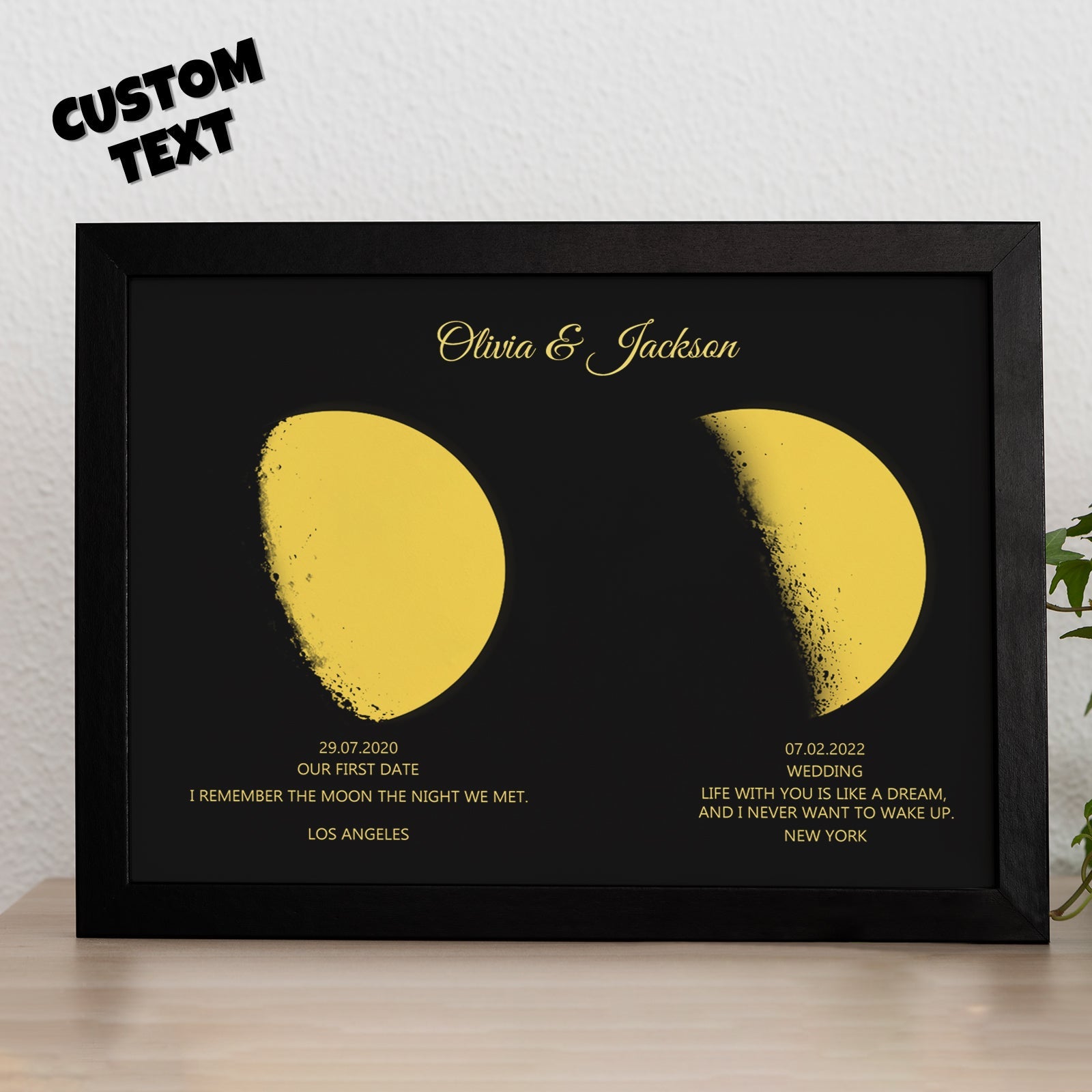 Custom Moon Phase and Names Wooden Frame with Personalised Text Gold Moon