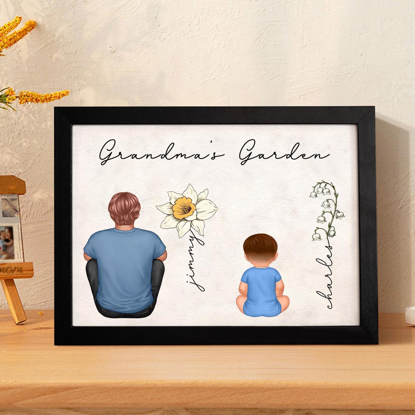 Custom Birth Month Flowers Garden With Grandkids Names Personalized Wooden Photo Frame Mother's Day Gift - CustomPhotoWallet
