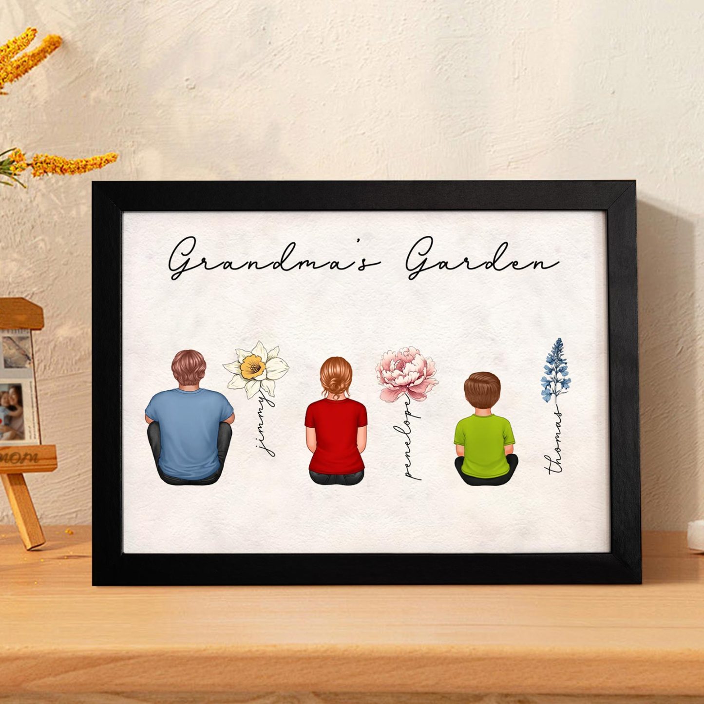Custom Birth Month Flowers Garden With Grandkids Names Personalized Wooden Photo Frame Mother's Day Gift - CustomPhotoWallet