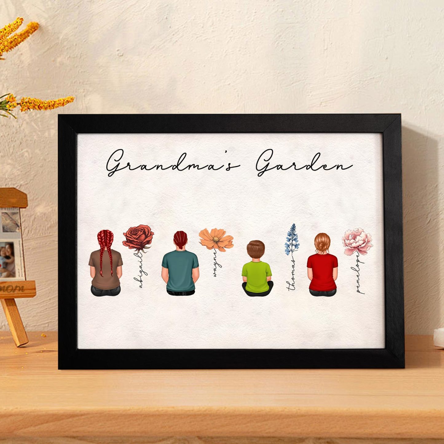 Custom Birth Month Flowers Garden With Grandkids Names Personalized Wooden Photo Frame Mother's Day Gift - CustomPhotoWallet