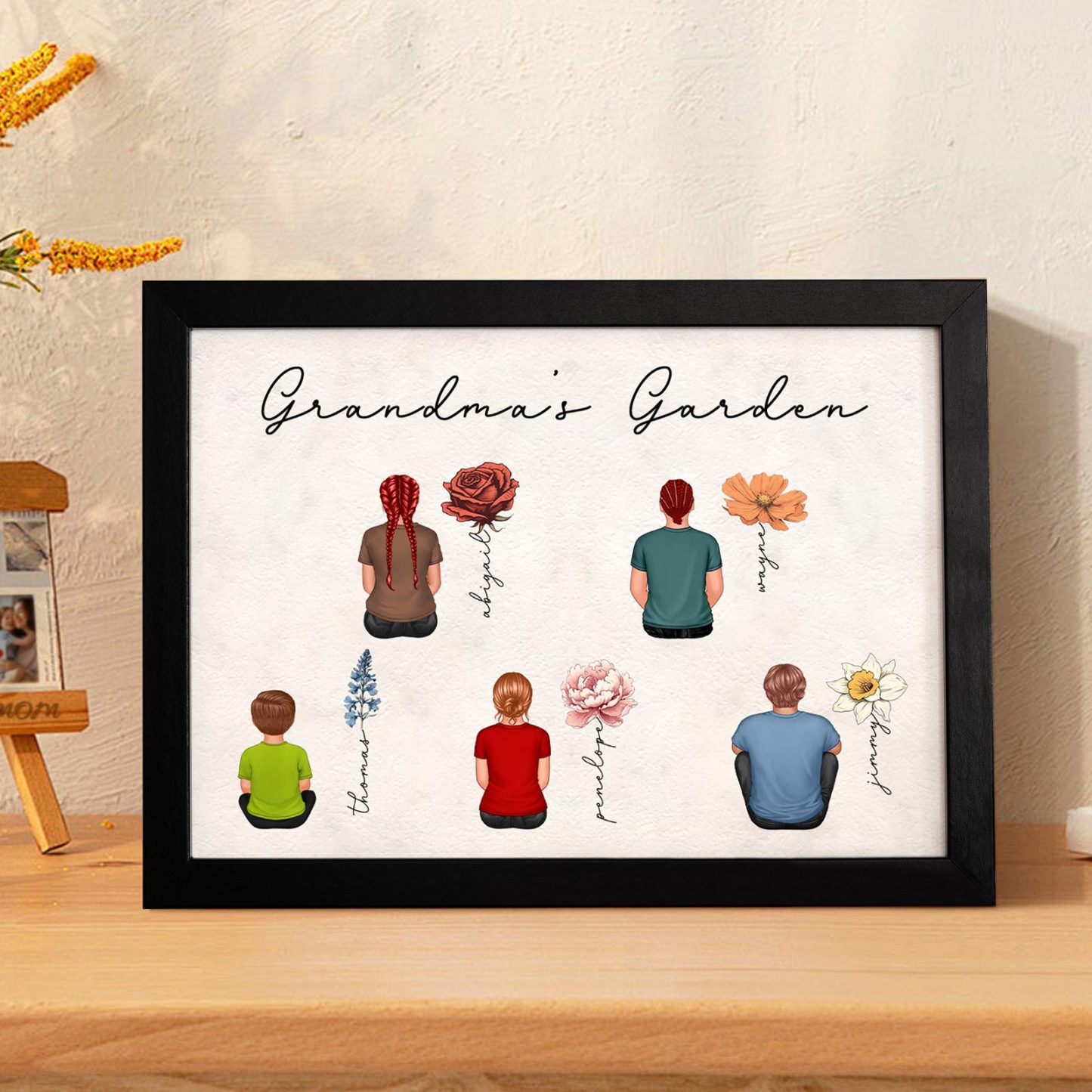 Custom Birth Month Flowers Garden With Grandkids Names Personalized Wooden Photo Frame Mother's Day Gift - CustomPhotoWallet