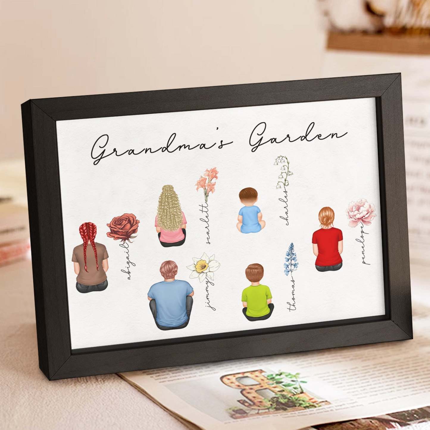 Custom Birth Month Flowers Garden With Grandkids Names Personalized Wooden Photo Frame Mother's Day Gift - CustomPhotoWallet