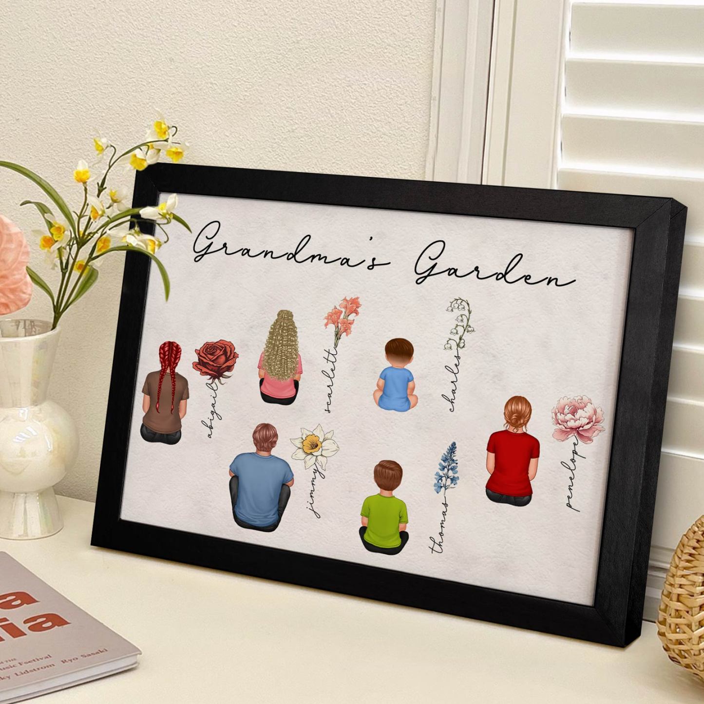 Custom Birth Month Flowers Garden With Grandkids Names Personalized Wooden Photo Frame Mother's Day Gift - CustomPhotoWallet