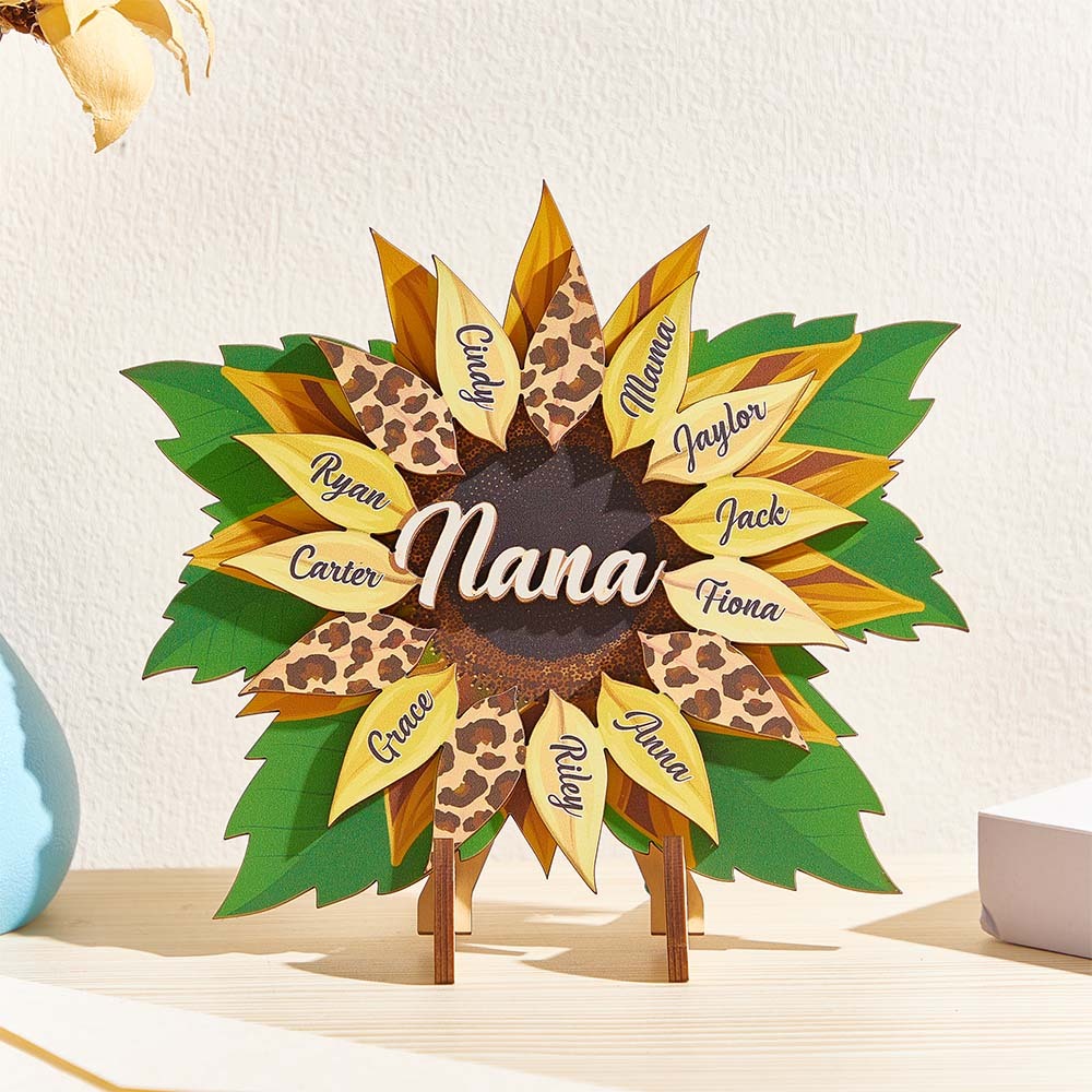 Nana, Mom, Auntie Sunflower - Birthday, Loving Gift for Mom, Grandma Family Home Decor Personalized 2 Layered Wooden Plaque With Stand -