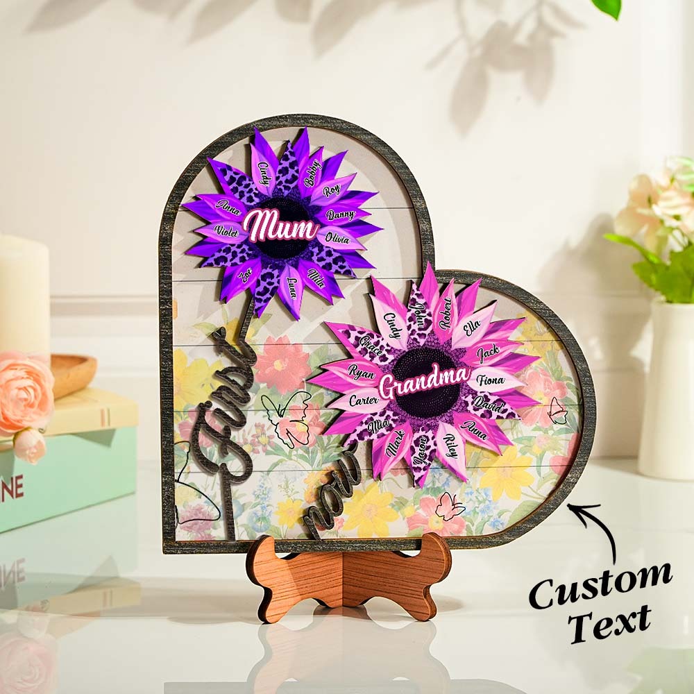 Personalized Names Wooden Plaque Heart Sunflower Gifts for Mom, Grandma Family Home Decor -