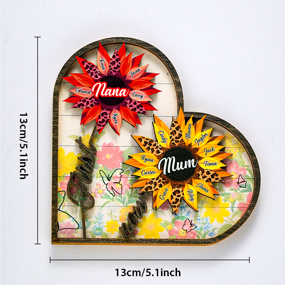 Personalized Names Wooden Plaque Heart Sunflower Gifts for Mom, Grandma Family Home Decor -