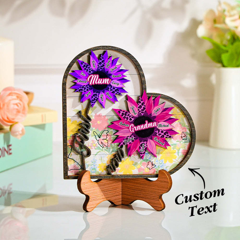 Personalized Names Wooden Plaque Heart Sunflower Gifts for Mom, Grandma Family Home Decor -