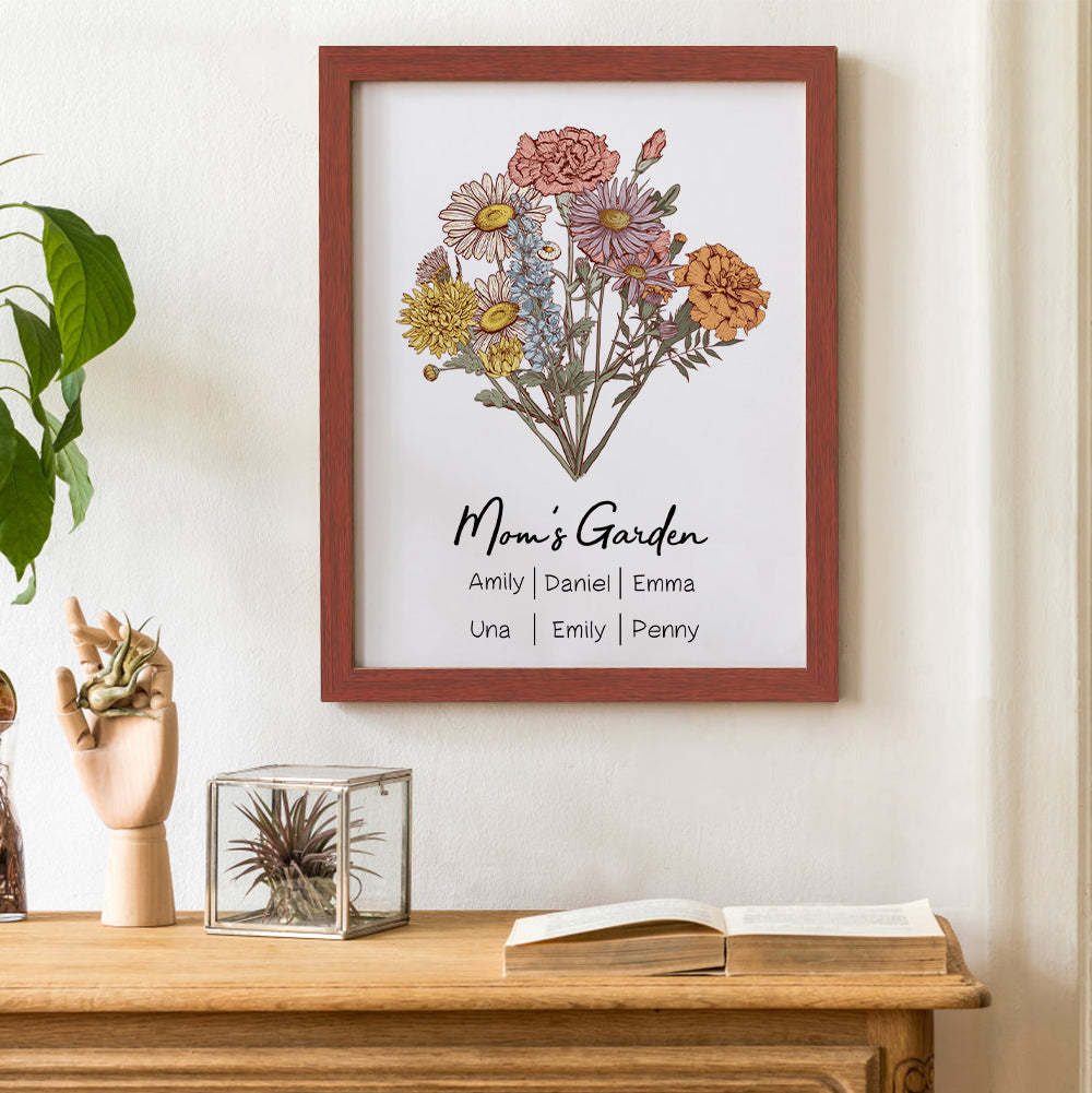 Personalized Birth flower Bouquet Red Wood Names Frame Gift for Mom - Myphotowallet