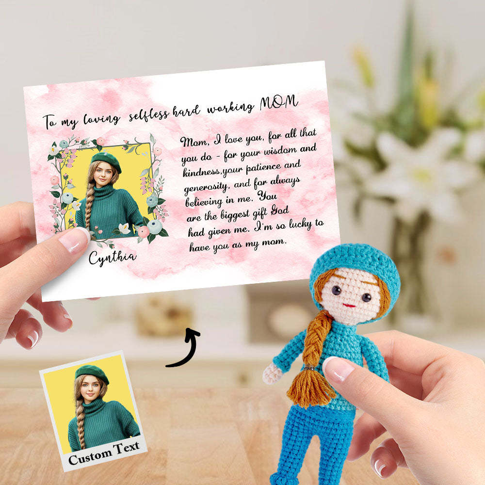 To My Mom Custom Crochet Doll from Photo Handmade Look alike Dolls with Personalized Name Card Gifts for Her - CustomPhotoWallet