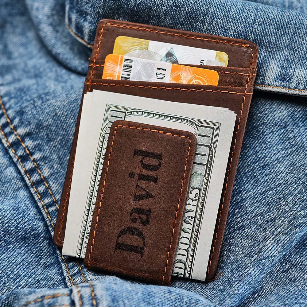 Personalised Name Leather Wallet Magnetic Money Clip for Him
