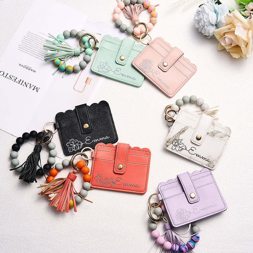 Personalised Birth Flower Leather Wallet with Beaded Bracelet Wallet Gift for Her - CustomPhotoWallet