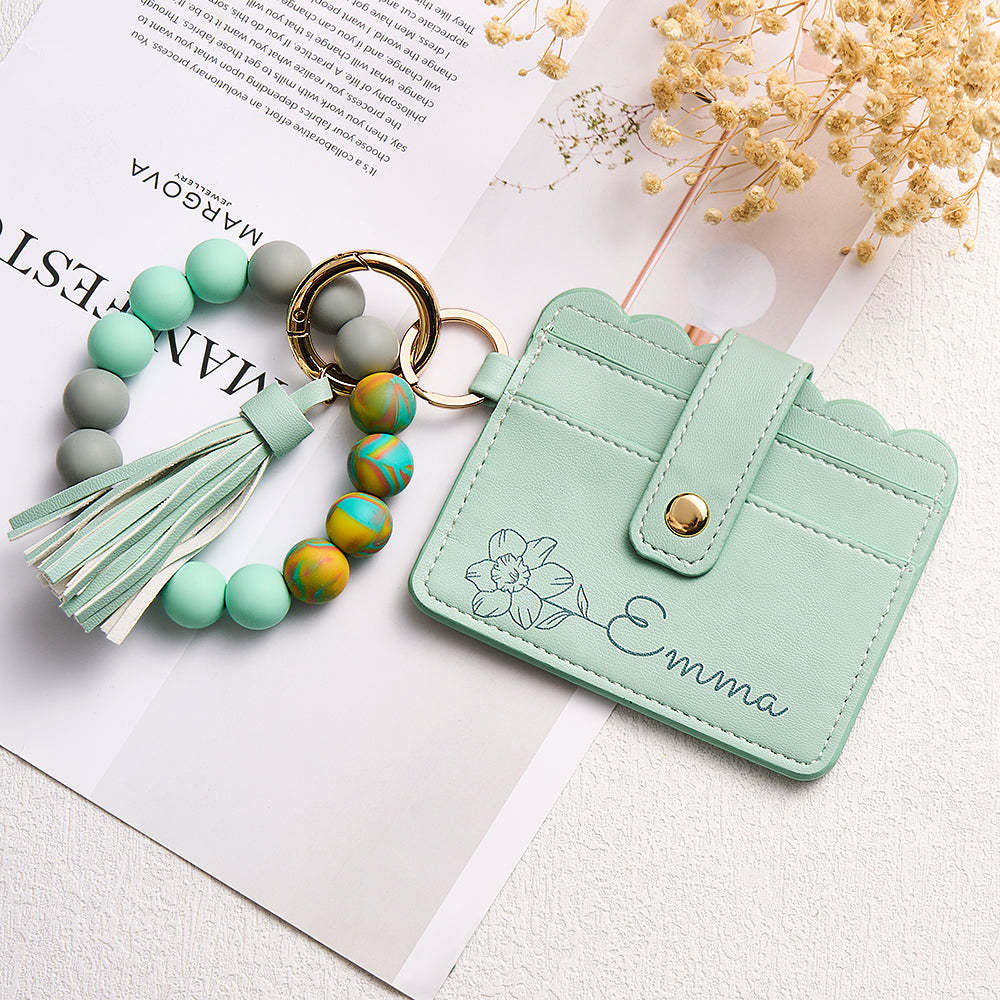 Personalised Birth Flower Leather Wallet with Beaded Bracelet Wallet Gift for Her - CustomPhotoWallet