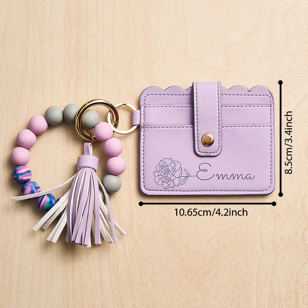 Personalised Birth Flower Leather Wallet with Beaded Bracelet Wallet Gift for Her - CustomPhotoWallet