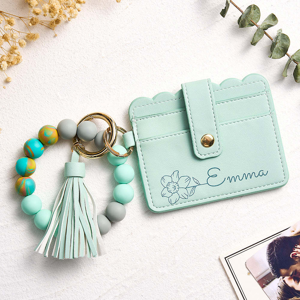 Personalised Birth Flower Leather Wallet with Beaded Bracelet Wallet Gift for Her - CustomPhotoWallet