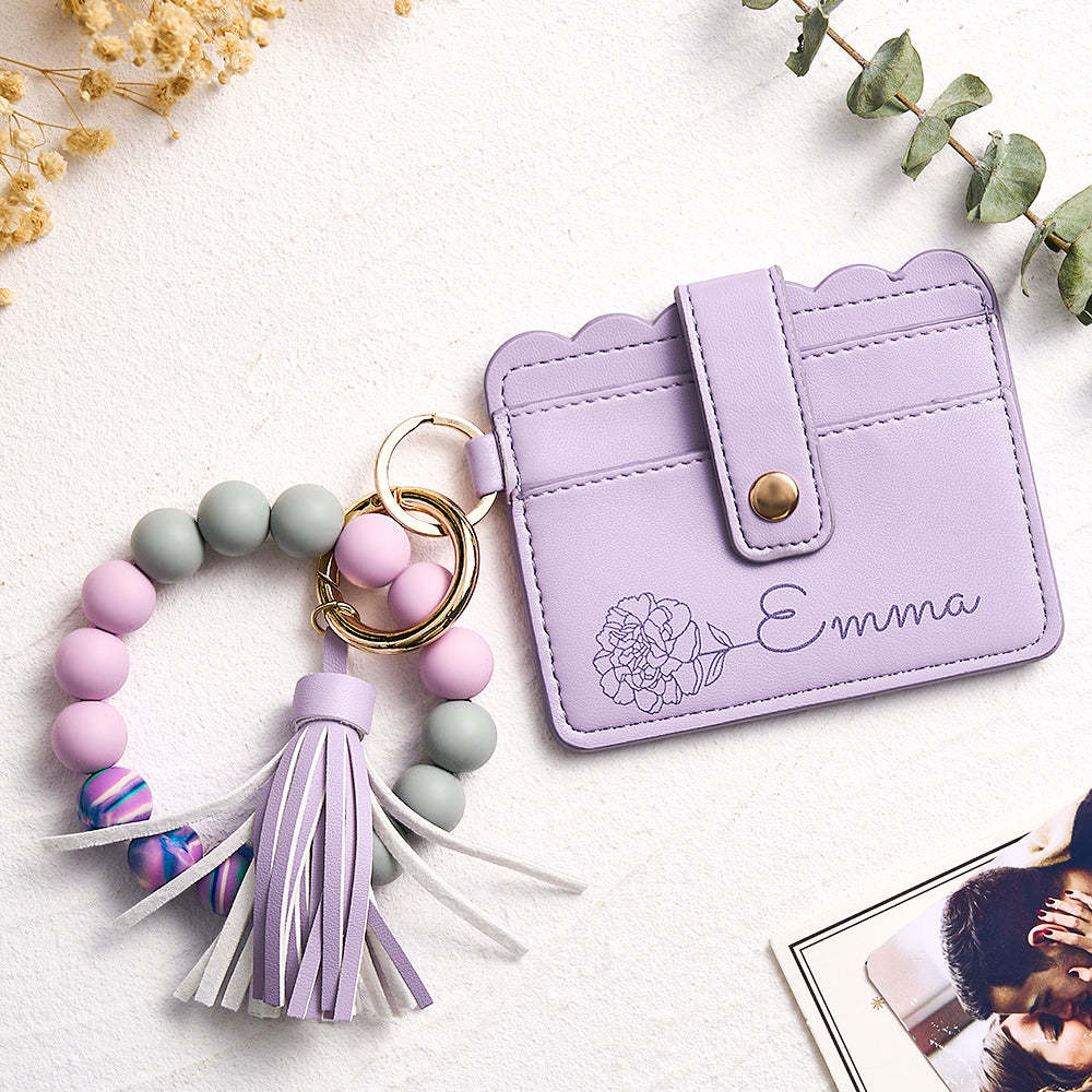 Personalised Birth Flower Leather Wallet with Beaded Bracelet Wallet Gift for Her - CustomPhotoWallet