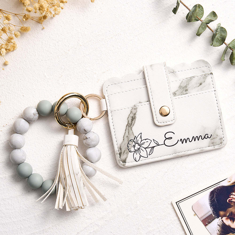 Personalised Birth Flower Leather Wallet with Beaded Bracelet Wallet Gift for Her - CustomPhotoWallet