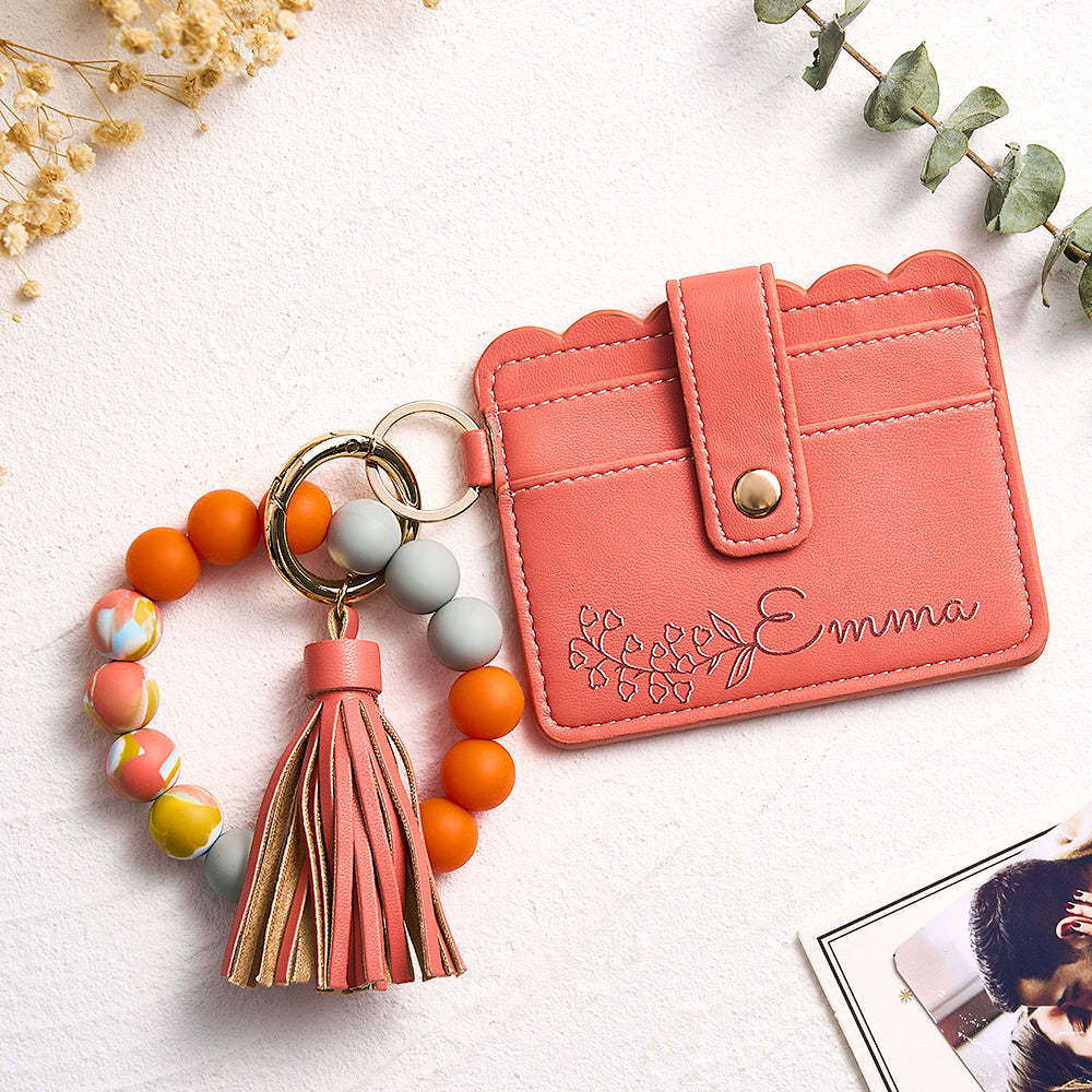 Personalised Birth Flower Leather Wallet with Beaded Bracelet Wallet Gift for Her - CustomPhotoWallet