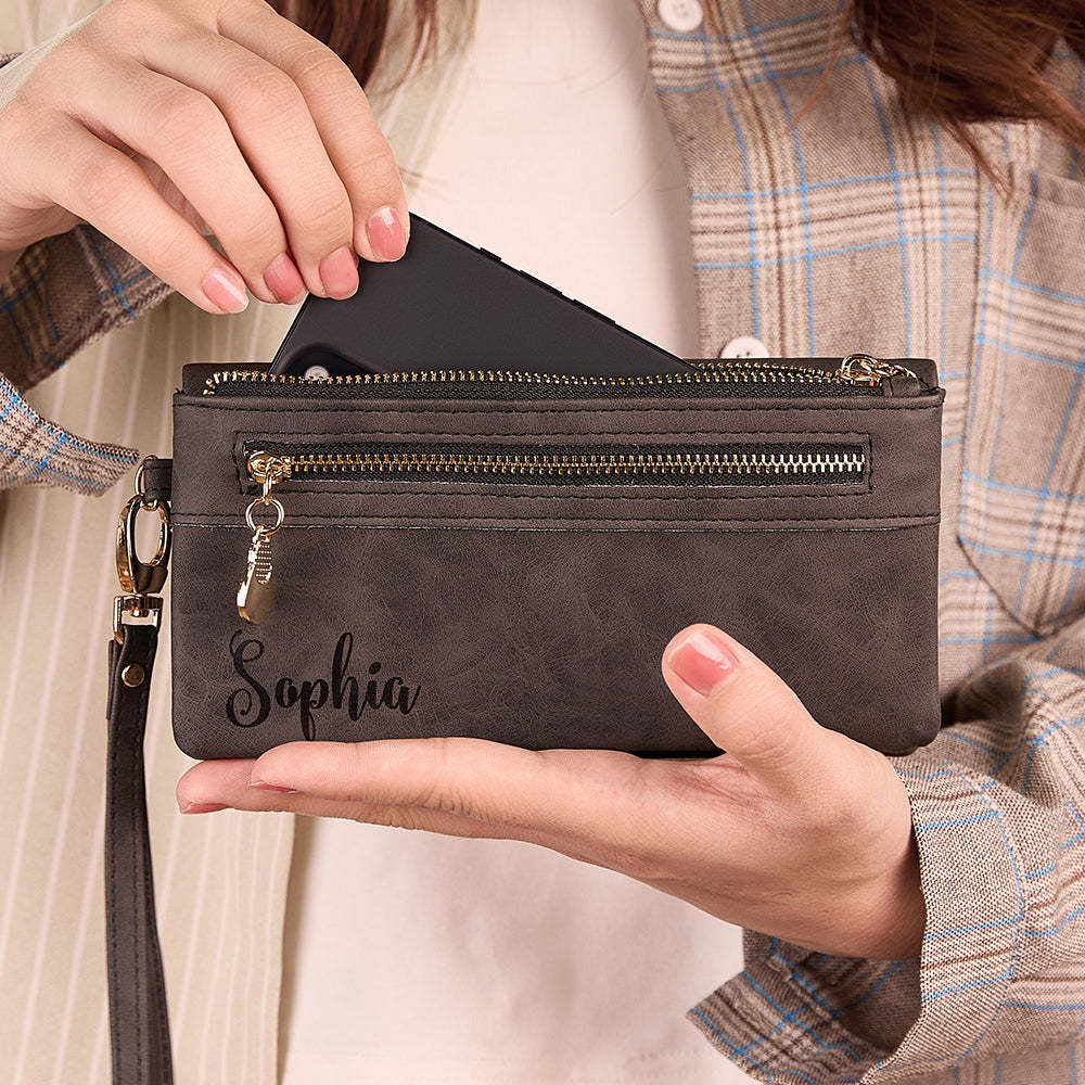 Personalised Leather Wallet with Wristlet Custom Text Wallet Birthday Bridesmaid Gift for Her - CustomPhotoWallet