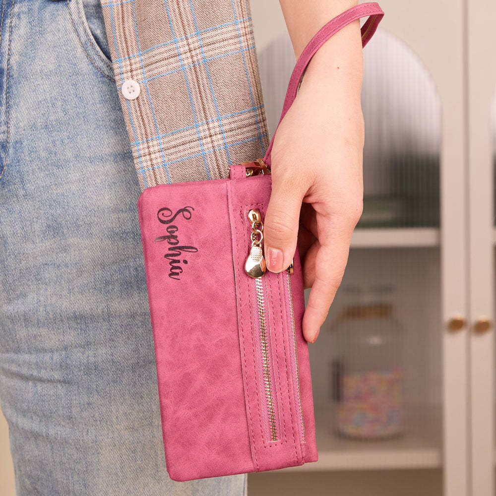 Personalised Leather Wallet with Wristlet Custom Text Wallet Birthday Bridesmaid Gift for Her - CustomPhotoWallet