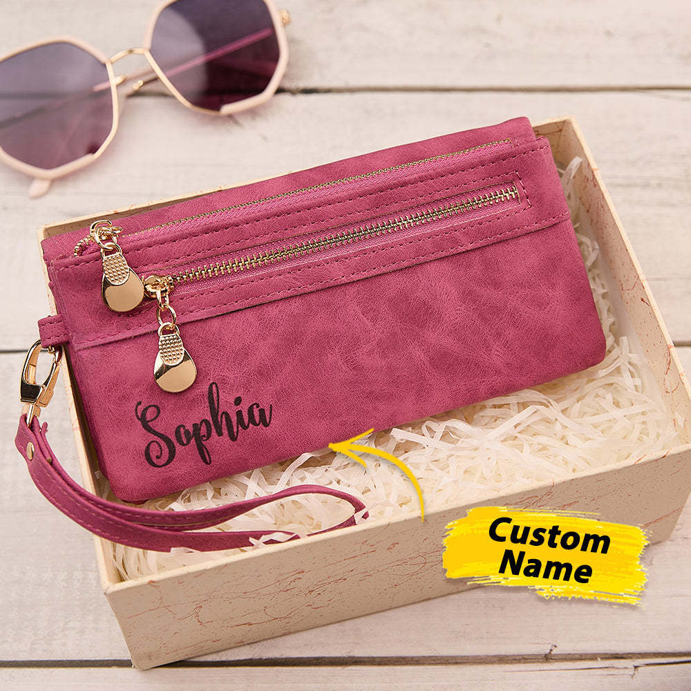 Personalised Leather Wallet with Wristlet Custom Text Wallet Birthday Bridesmaid Gift for Her - CustomPhotoWallet