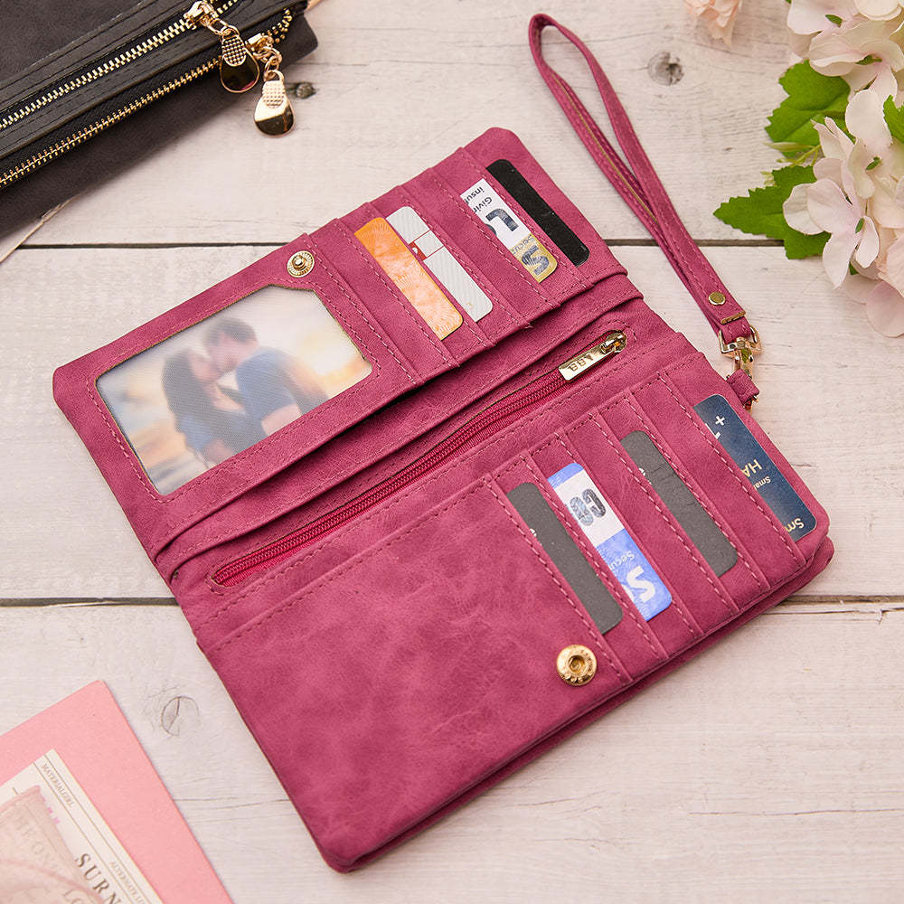 Personalised Leather Wallet with Wristlet Custom Text Wallet Birthday Bridesmaid Gift for Her - CustomPhotoWallet