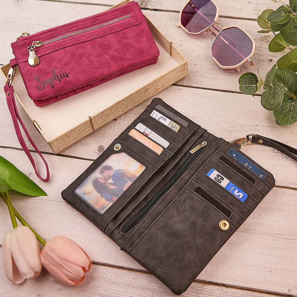 Personalised Leather Wallet with Wristlet Custom Text Wallet Birthday Bridesmaid Gift for Her - CustomPhotoWallet