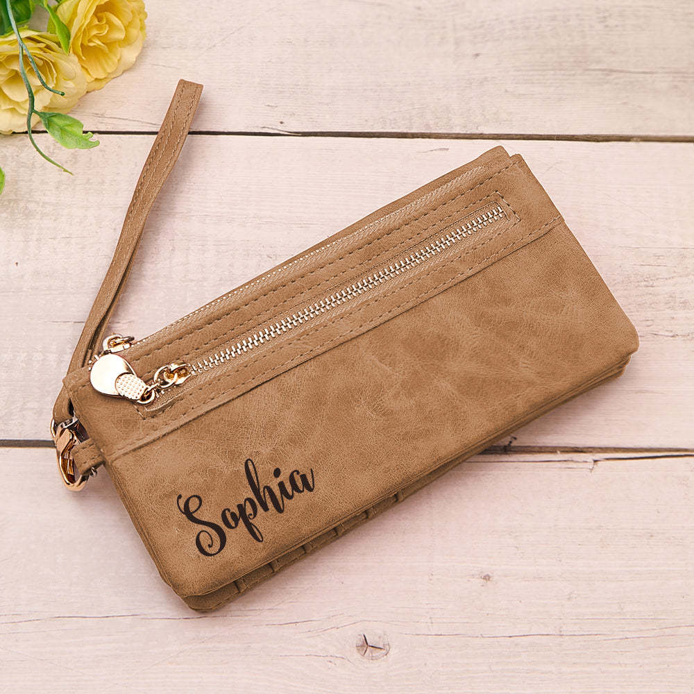 Personalised Leather Wallet with Wristlet Custom Text Wallet Birthday Bridesmaid Gift for Her - CustomPhotoWallet