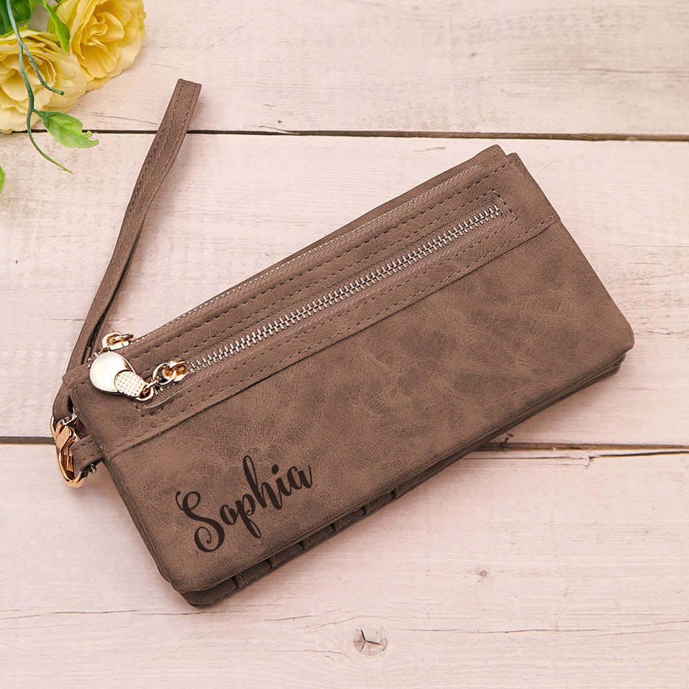 Personalised Leather Wallet with Wristlet Custom Text Wallet Birthday Bridesmaid Gift for Her - CustomPhotoWallet